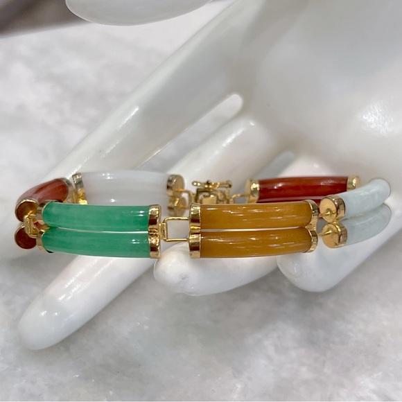 Multicolor Burmese Jade Sterling Silver Double Tube Bracelet - Picture 3 of 11